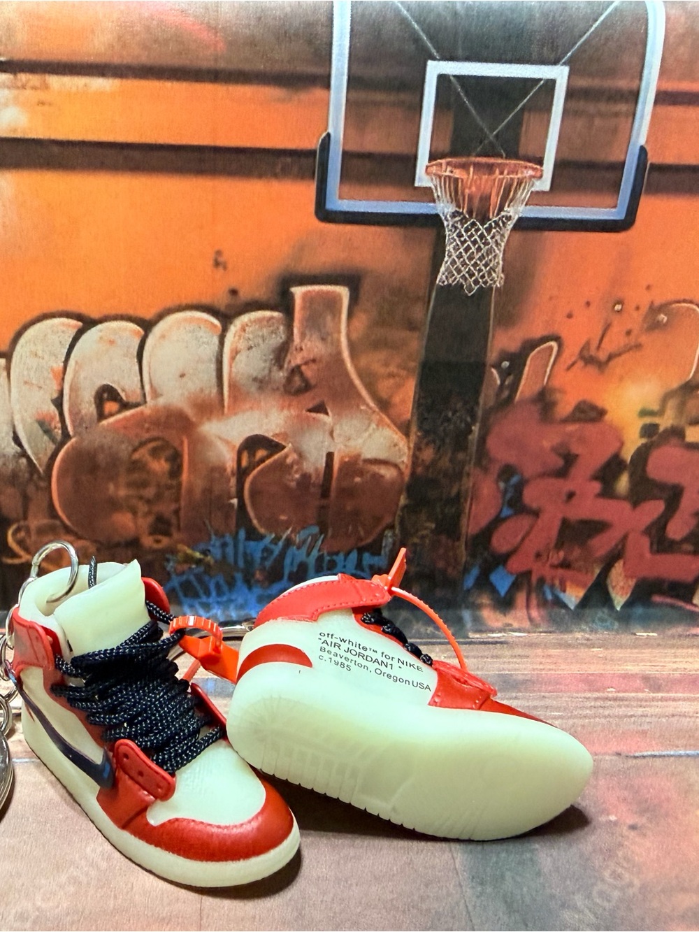 Off-White Mini Air Jordan 1 Keychain - Red, White & Black collectible GLOWS!